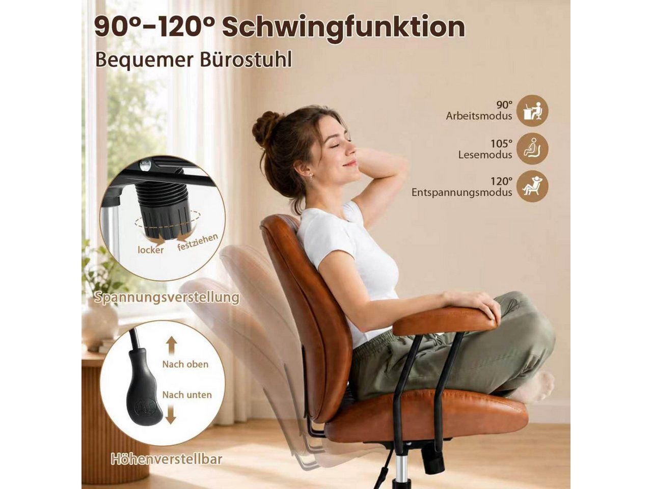 Hoolamyie Schreibtischstuhl, Bürostuhl, PU-Kunstleder mit Holzoptik, 360° drehbar (Drehstuhl im Retro‑Design, höhenverstellbar, verstellbare Rückenlehne, Bürost – Bild 4 von 5