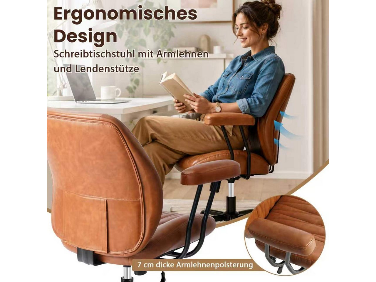 Hoolamyie Schreibtischstuhl, Bürostuhl, PU-Kunstleder mit Holzoptik, 360° drehbar (Drehstuhl im Retro‑Design, höhenverstellbar, verstellbare Rückenlehne, Bürost – Bild 5 von 5