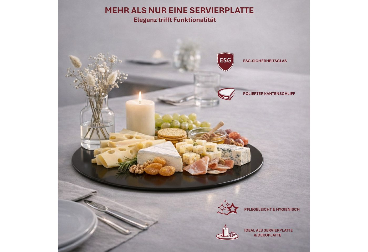 HOOZ Servierplatte Glasablage Ø 40 cm Sicherheitsglas 6mm – Tisch & Deko Rund Schwarz, ESG Glas, (Dekoplatte Glas, 1-tlg., pflegeleichte Glasplatte), Präsentati – Bild 3 von 5