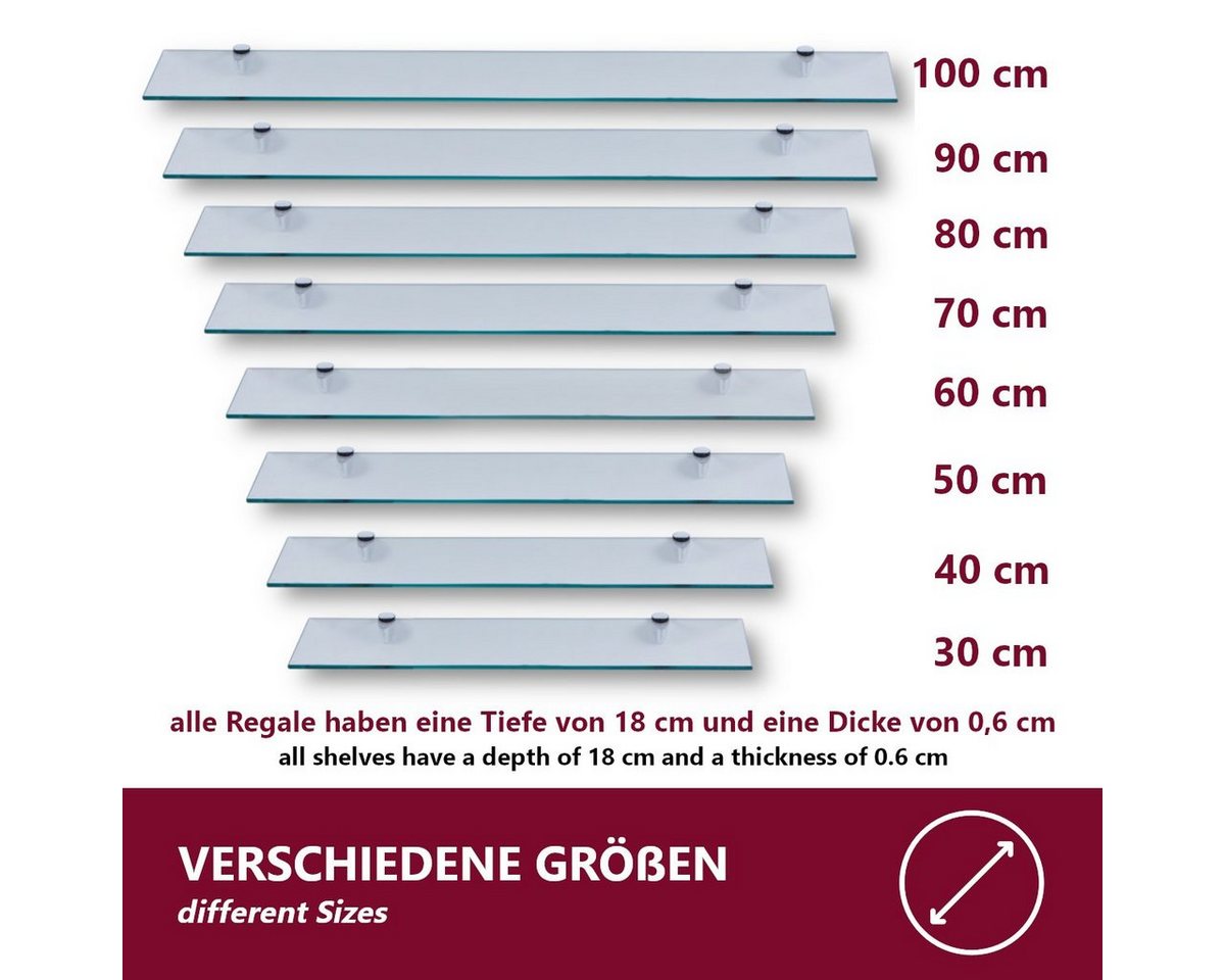 HOOZ Wandregal Glasregal, Wandablage ESG 18cm tief, rechteckig, inkl. Halter 30-100cm, Regal Glas, Platzsparende Wandboard für Dusche, Bad, Küche oder Wohnraum – Bild 2 von 5