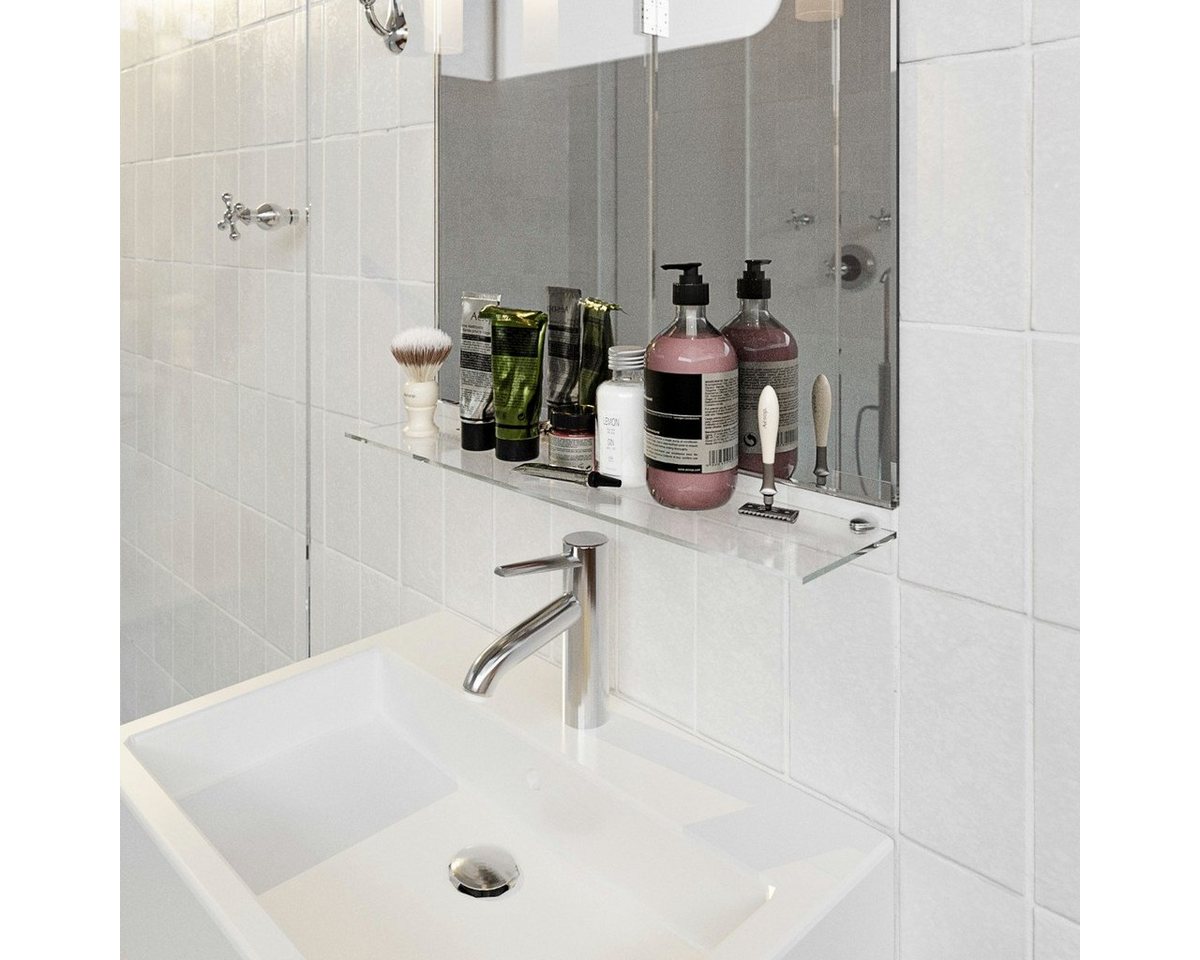 HOOZ Wandregal Glasregal, Wandablage ESG 18cm tief, rechteckig, inkl. Halter 30-100cm, Regal Glas, Platzsparende Wandboard für Dusche, Bad, Küche oder Wohnraum – Bild 3 von 5