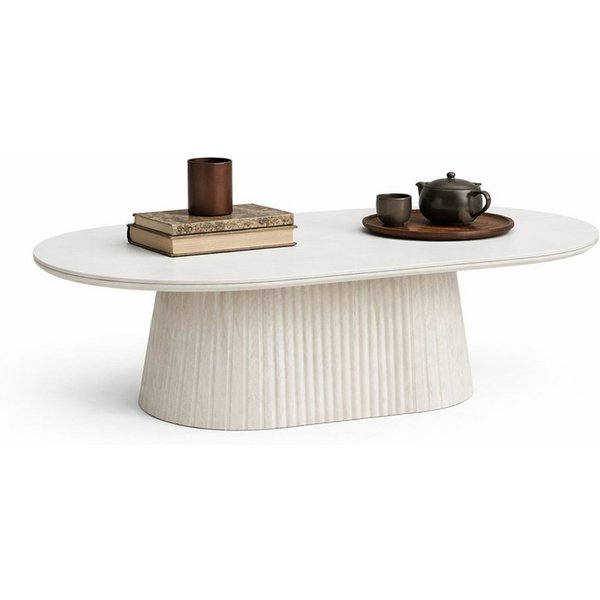 HOOZ Wohnzimmertisch Couchtisch oval modern, Säulenfuß inkl. Keramikplatte 130x70 cm Kalk (Einzelprodukt, 1-St., 1× Couchtisch), Keramik-Tischplatte, verschiede