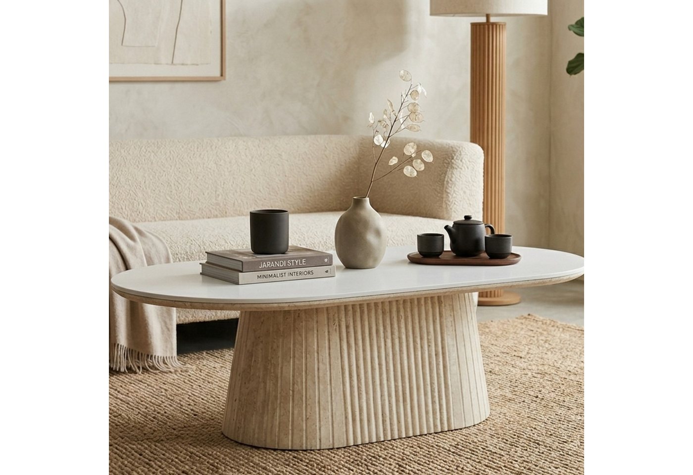 HOOZ Wohnzimmertisch Couchtisch oval modern, Säulenfuß inkl. Keramikplatte 130x70 cm Kalk (Einzelprodukt, 1-St., 1× Couchtisch), Keramik-Tischplatte, verschiede – Bild 2 von 5