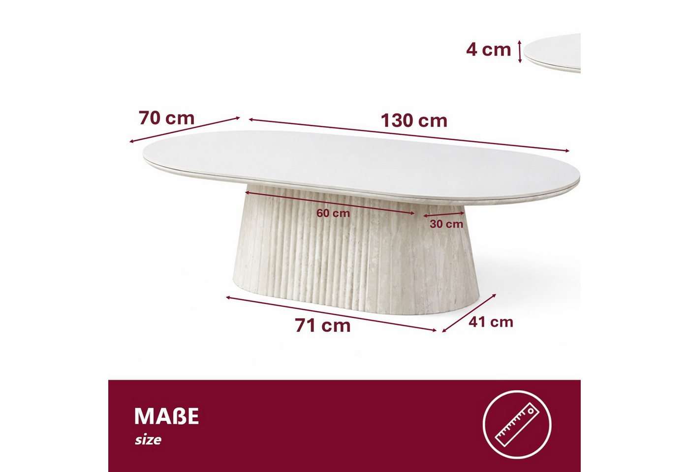 HOOZ Wohnzimmertisch Couchtisch oval modern, Säulenfuß inkl. Keramikplatte 130x70 cm Kalk (Einzelprodukt, 1-St., 1× Couchtisch), Keramik-Tischplatte, verschiede – Bild 4 von 5