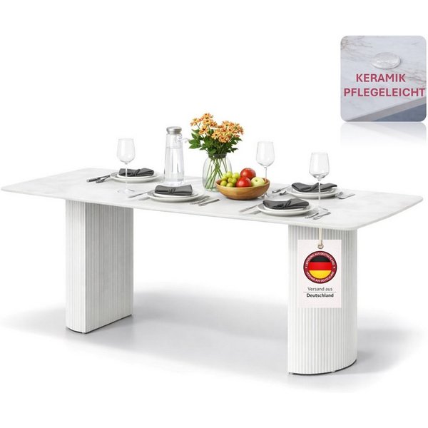 HOOZ Wohnzimmertisch Esstisch Set 180x90 cm Weiß – moderner Küchentisch, Keramik 8 Personen (Einzelprodukt, 1× Esstisch), Keramik-Tischplatte, Travertin-Optik (