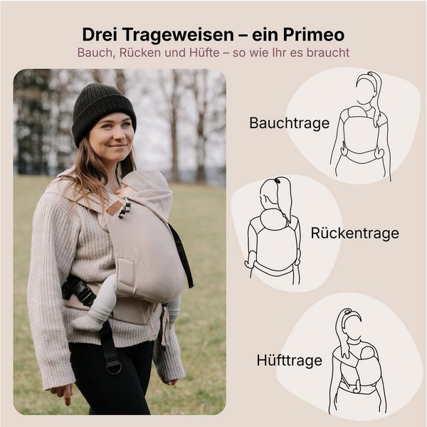 Hoppediz Babytrage Primeo, ab Geburt (2,5 kg) Bauchtrage, Rückentrage & Hüfttrage mit Tuchträgern