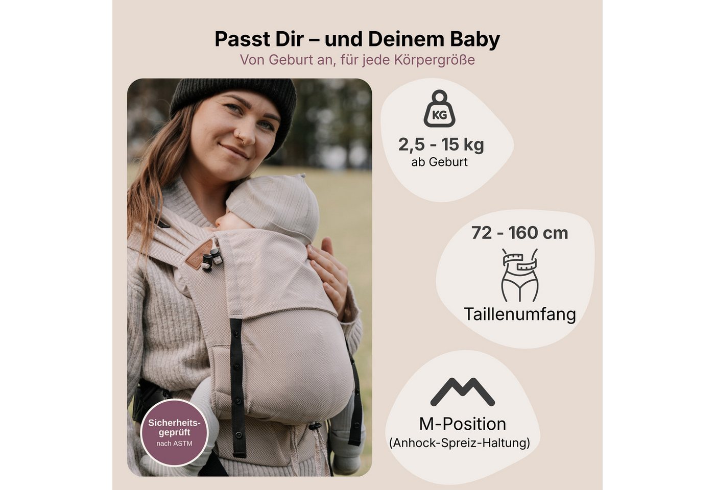 Hoppediz Babytrage Primeo, ab Geburt (2,5 kg) Bauchtrage, Rückentrage & Hüfttrage mit Tuchträgern – Bild 2 von 5