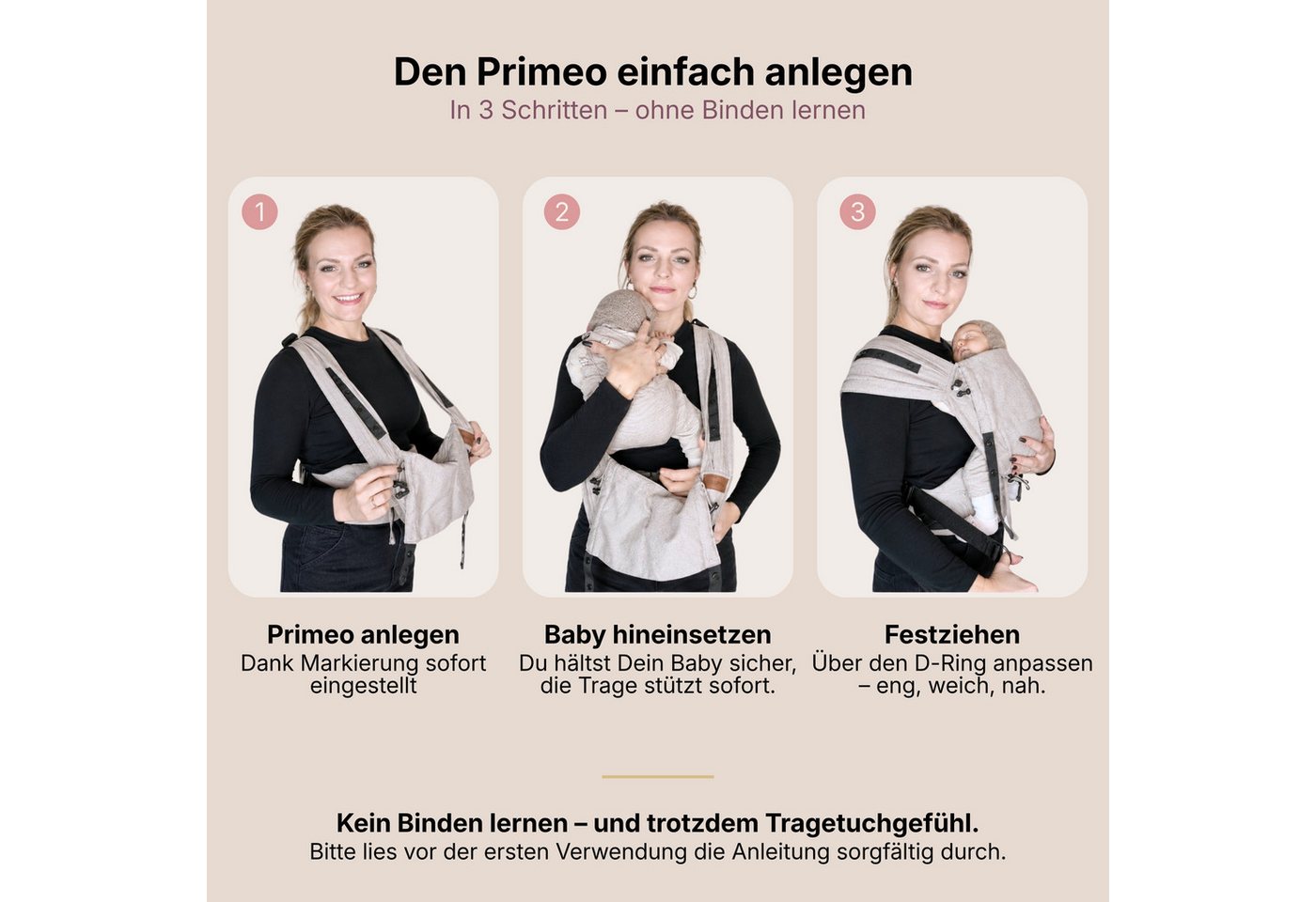 Hoppediz Babytrage Primeo, ab Geburt (2,5 kg) Bauchtrage, Rückentrage & Hüfttrage mit Tuchträgern – Bild 4 von 5