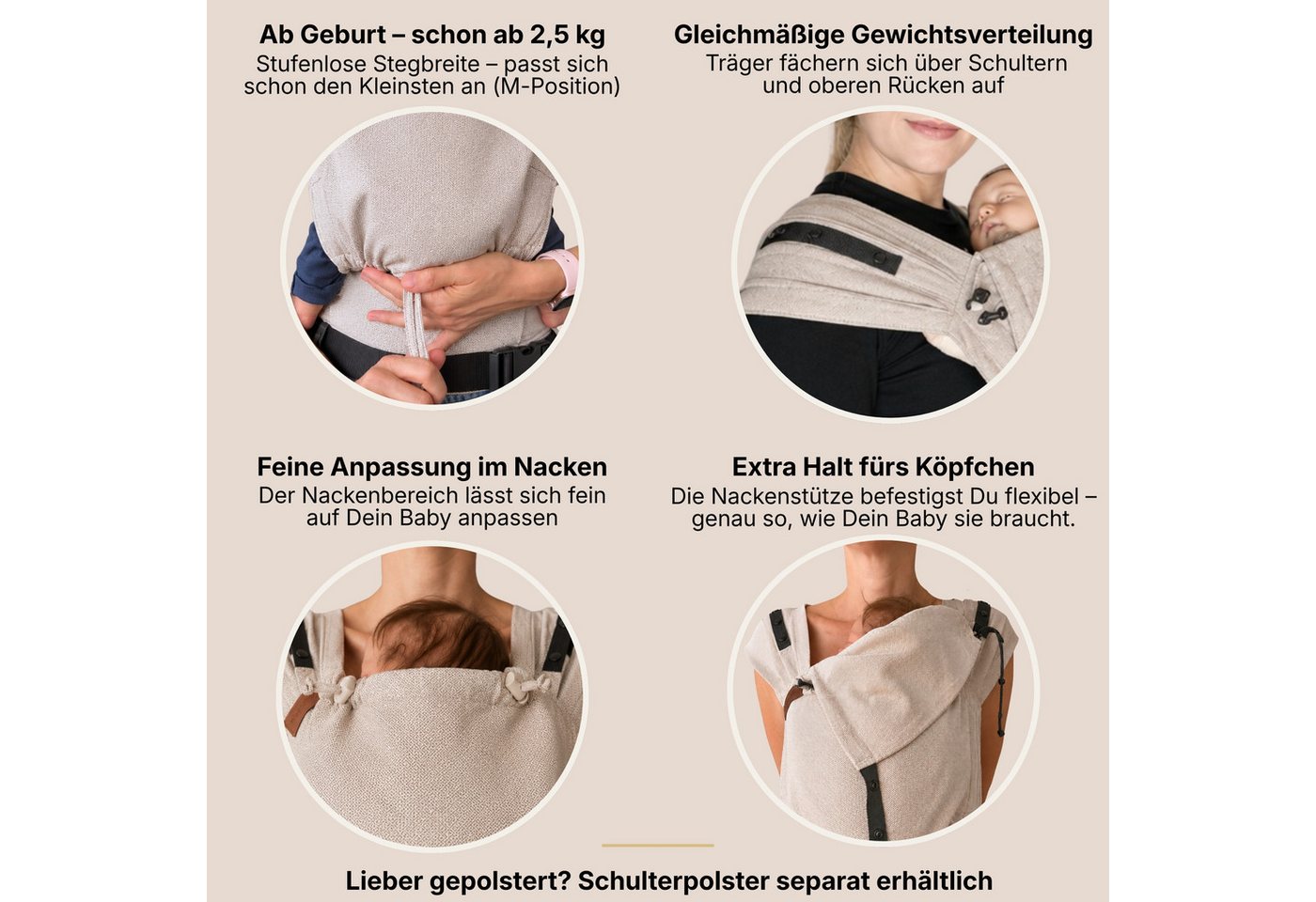 Hoppediz Babytrage Primeo, ab Geburt (2,5 kg) Bauchtrage, Rückentrage & Hüfttrage mit Tuchträgern – Bild 5 von 5