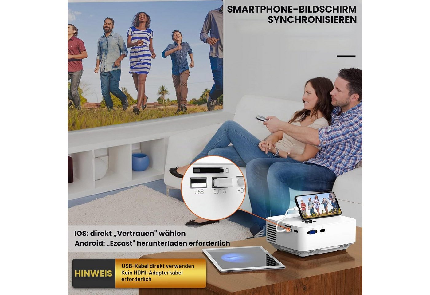 HOPVISION LCD-Beamer (7500 lm, 1920 x 1080 Pixel px, USB-Smartphone-Verbindung, HDMI, VGA & integrierte Lautsprecher) – Bild 2 von 5