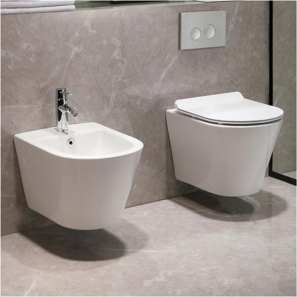 HOROW Bidet Hänge Bidet Komplet Set mit Hänge WC Spülrandlos, wandhängend, WC Sitz mit Absenkautomatik Abgang