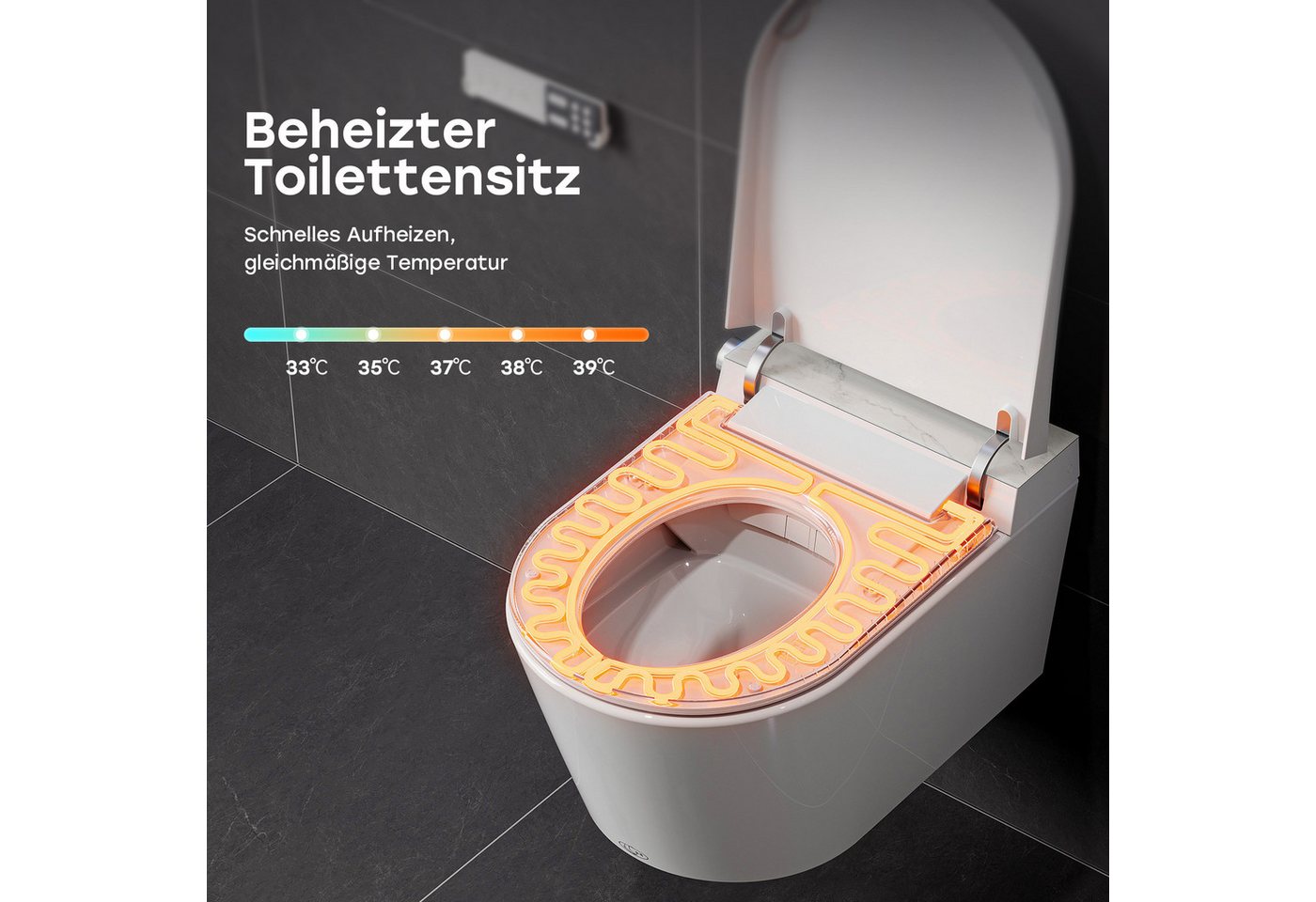 HOROW Dusch-WC Bidet WC, Taharet WC japanische toilette mit Bidet Funktion, Wand WC, Abgang wandhängend, spülrandlos, mit Nachtlicht, beheiztem Sitz, Einstellba – Bild 2 von 5