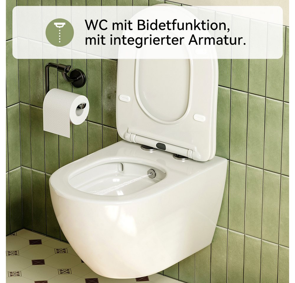 HOROW Dusch-WC Taharet -WC mit Softclose Toilettensitz, spülrandlose Toilette, Toilette mit Bidet-Funktion, Abgang waagerecht, Set, Wand-WC mit WC-Sitz Absenkau – Bild 3 von 5