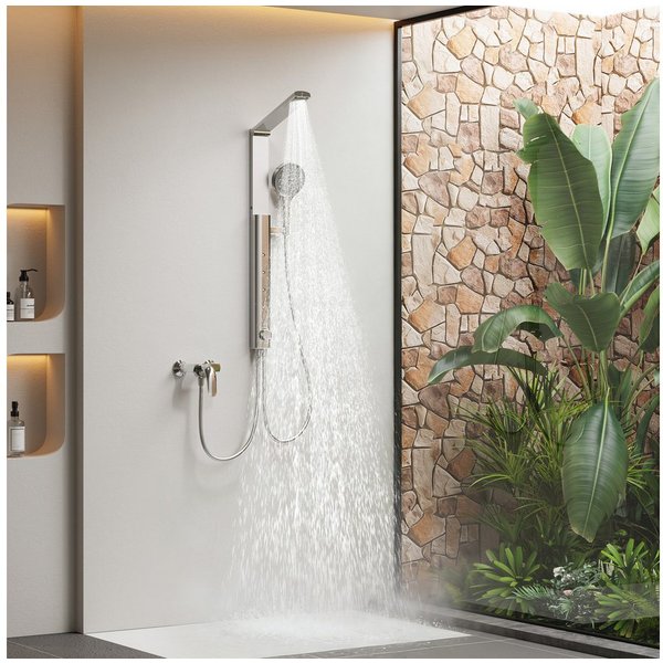 HOROW Duschsystem Brausegarnitur mit Thermostatarmatur und faltbarer Regendusche, 4 Strahlart(en), Regendusche Set, 3 Massage-Modi, Klappbares Duschset, Höhenve