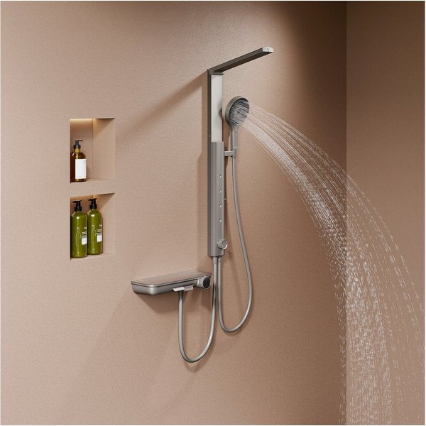 HOROW Duschsystem Brausegarnitur mit Thermostatarmatur und faltbarer Regendusche, 4 Strahlart(en), Regendusche Set, 3 Massage-Modi, Klappbares Duschset, Höhenve