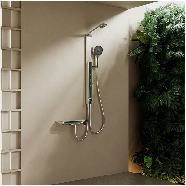 HOROW Duschsystem Brausegarnitur mit Thermostatarmatur und faltbarer Regendusche, 4 Strahlart(en), Regendusche Set, 3 Massage-Modi, Klappbares Duschset, Höhenve