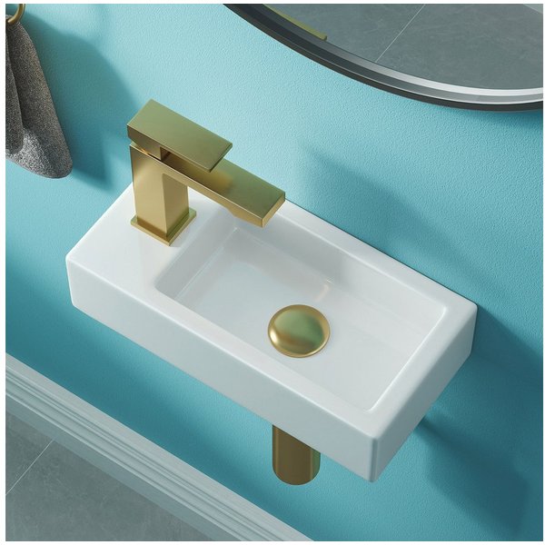 HOROW Waschbecken Mini Hängewaschbecken, Waschbecken Klein, Waschtisch Gäste WC (mit Hahnloch - Weiß, 37 x 18.5 x 9 cm)
