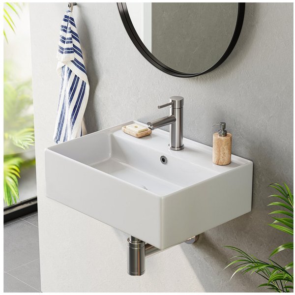 HOROW Waschbecken Rechteckig hängewaschbecken oder Aufsatzwaschbecken 55/45*31*13cm (Badezimmer Waschtisch, mit Hahnloch und Überlauf - Weiß)