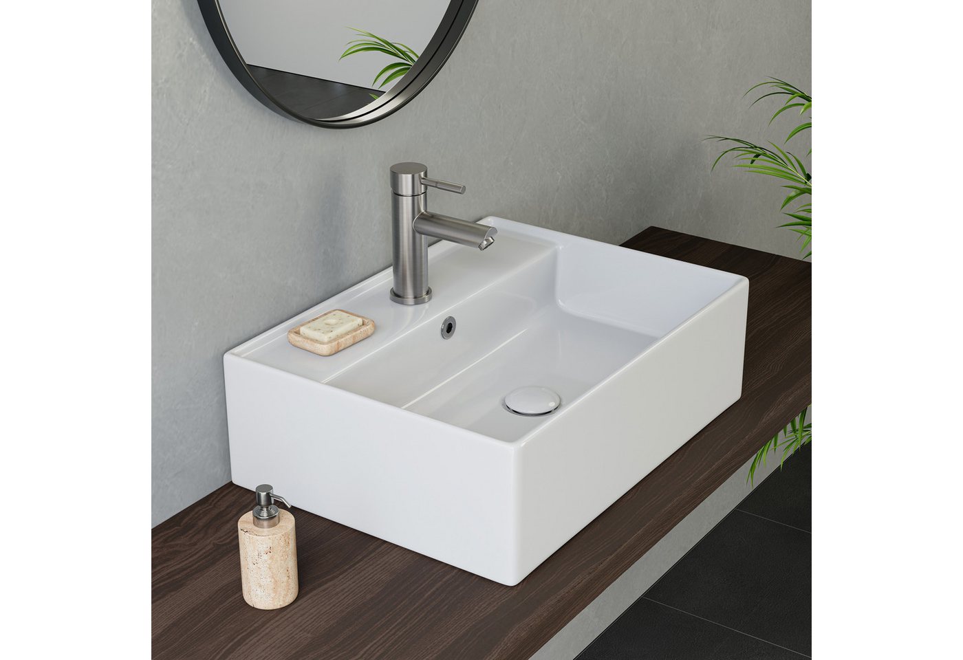 HOROW Waschbecken Rechteckig hängewaschbecken oder Aufsatzwaschbecken 55/45*31*13cm (Badezimmer Waschtisch, mit Hahnloch und Überlauf - Weiß) – Bild 2 von 5