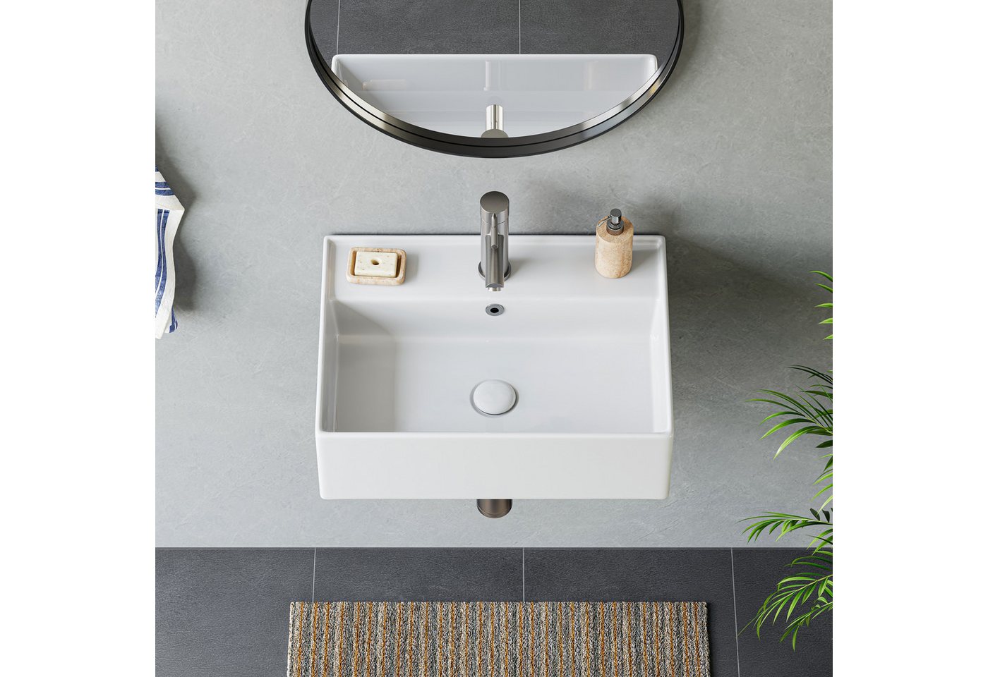 HOROW Waschbecken Rechteckig hängewaschbecken oder Aufsatzwaschbecken 55/45*31*13cm (Badezimmer Waschtisch, mit Hahnloch und Überlauf - Weiß) – Bild 3 von 5