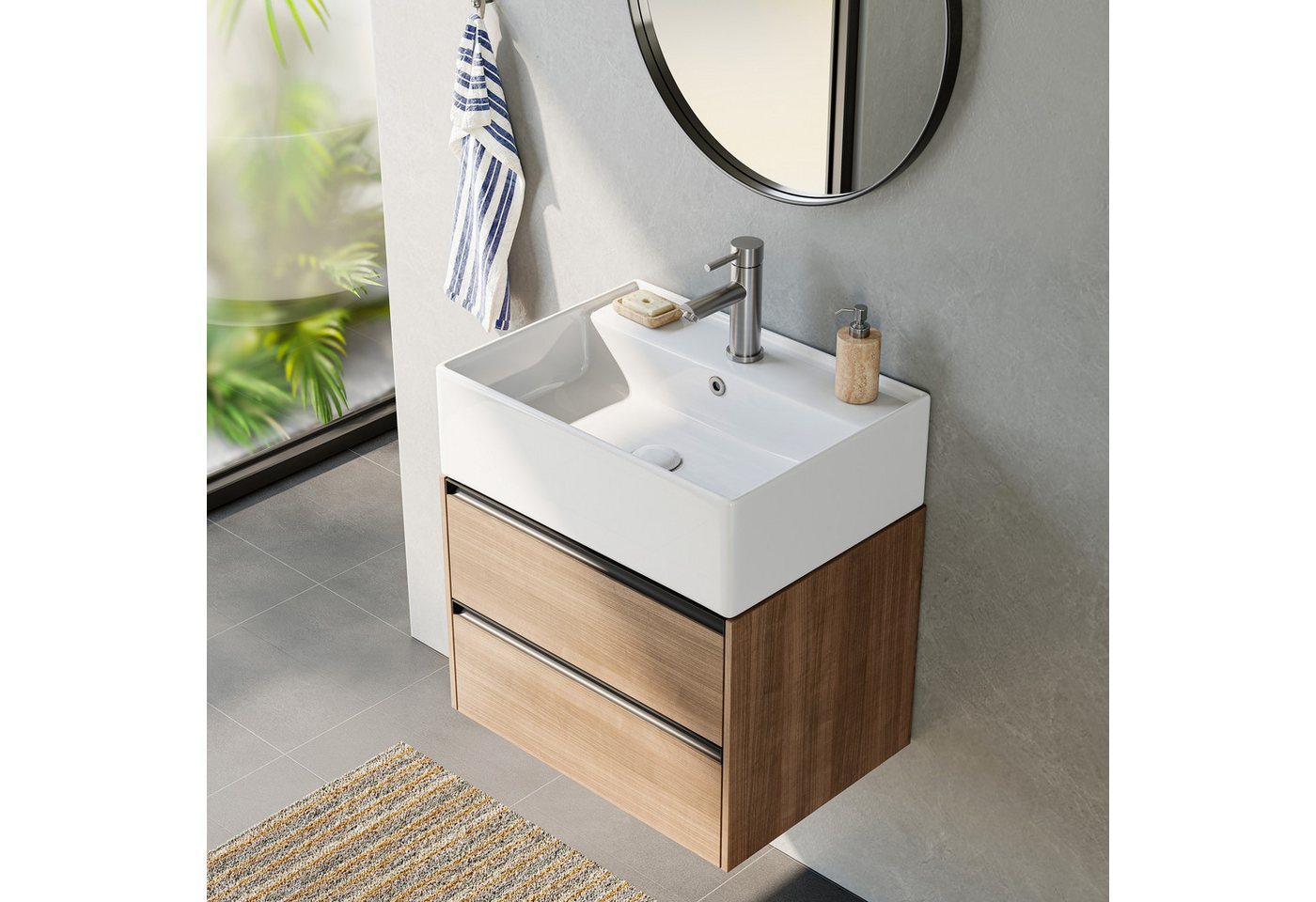 HOROW Waschbecken Rechteckig hängewaschbecken oder Aufsatzwaschbecken 55/45*31*13cm (Badezimmer Waschtisch, mit Hahnloch und Überlauf - Weiß) – Bild 4 von 5