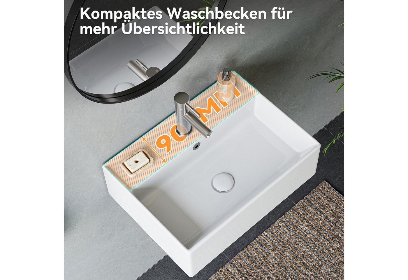 HOROW Waschbecken Rechteckig hängewaschbecken oder Aufsatzwaschbecken 55/45*31*13cm (Badezimmer Waschtisch, mit Hahnloch und Überlauf - Weiß) – Bild 5 von 5