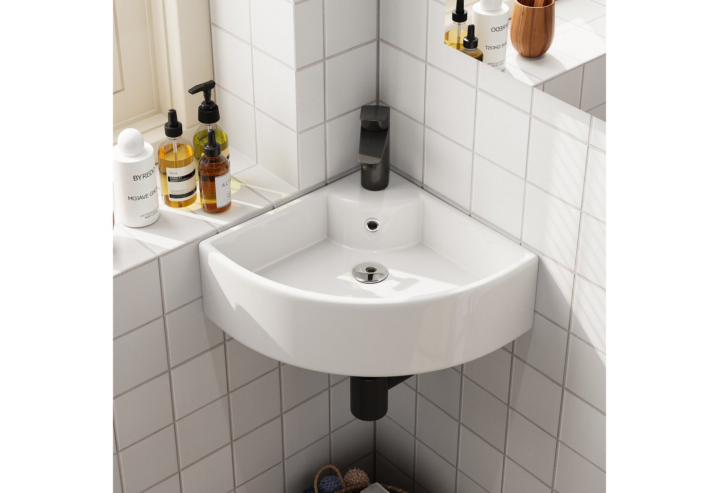 HOROW Waschbecken Waschbecken Waschtisch Badezimmer, Eckwaschbecken Keramik Weiß (Aufsatzwaschbecken für Bad 46 x 32 x 12.5 cm) – Bild 2 von 5