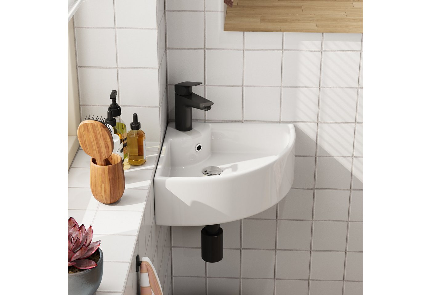 HOROW Waschbecken Waschbecken Waschtisch Badezimmer, Eckwaschbecken Keramik Weiß (Aufsatzwaschbecken für Bad 46 x 32 x 12.5 cm) – Bild 3 von 5