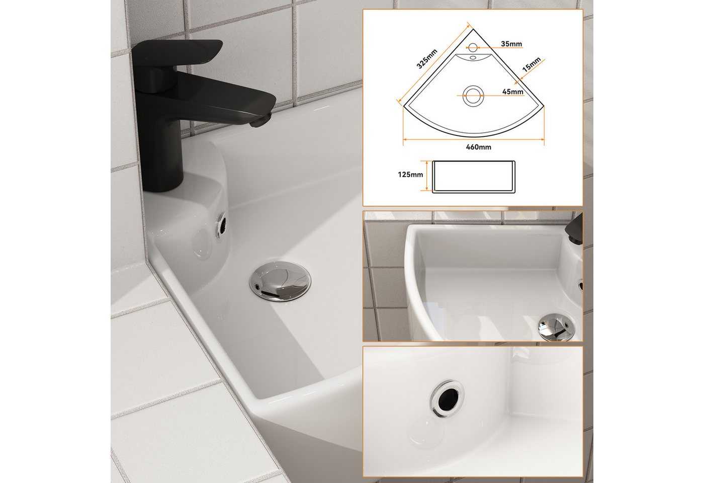 HOROW Waschbecken Waschbecken Waschtisch Badezimmer, Eckwaschbecken Keramik Weiß (Aufsatzwaschbecken für Bad 46 x 32 x 12.5 cm) – Bild 4 von 5