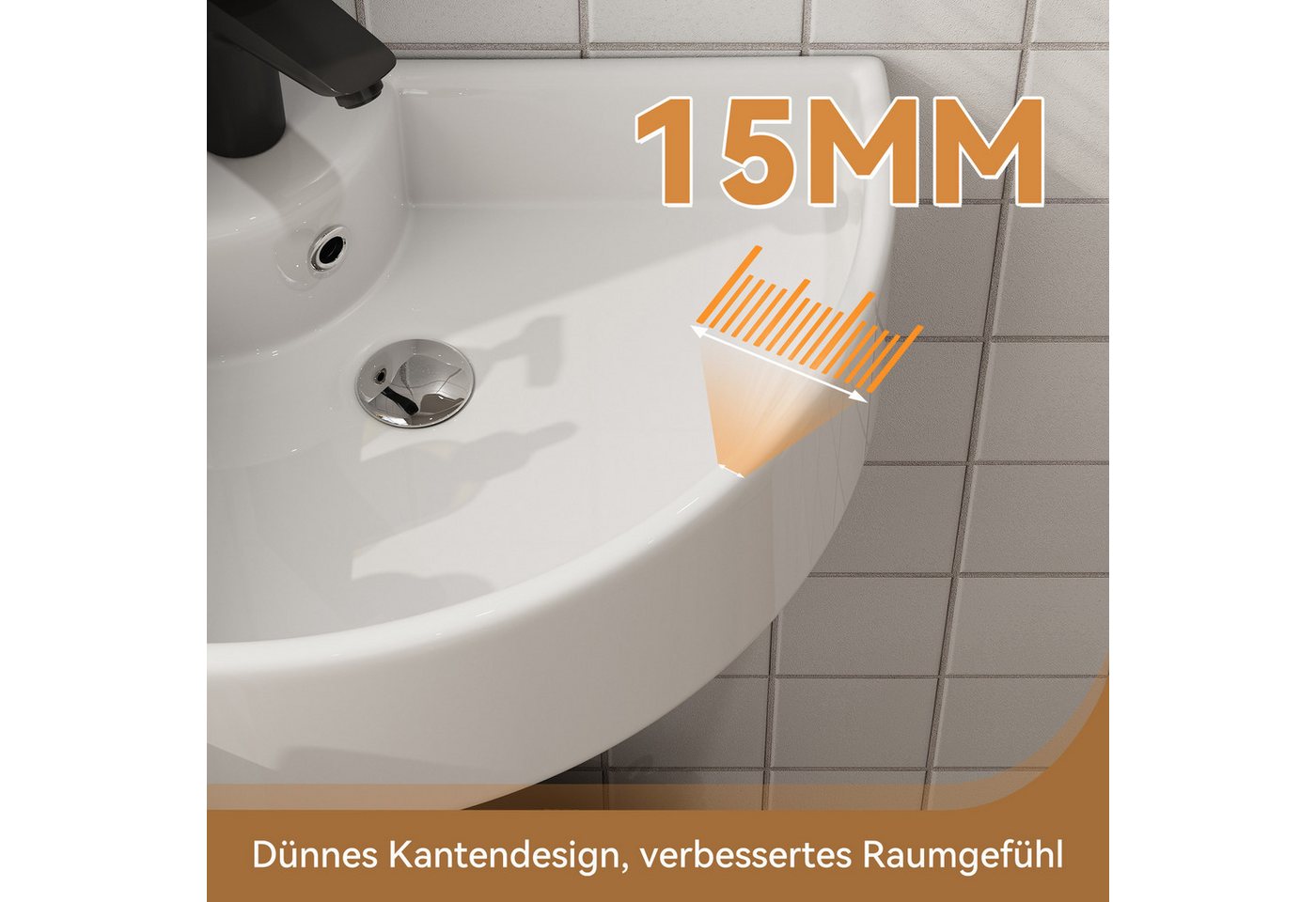 HOROW Waschbecken Waschbecken Waschtisch Badezimmer, Eckwaschbecken Keramik Weiß (Aufsatzwaschbecken für Bad 46 x 32 x 12.5 cm) – Bild 5 von 5