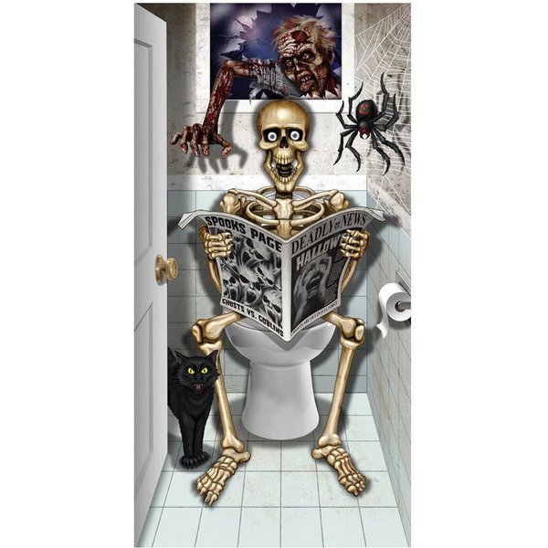 Horror-Shop Dekorationsfolie Skelett sitzend auf WC Türdekoration für Halloween