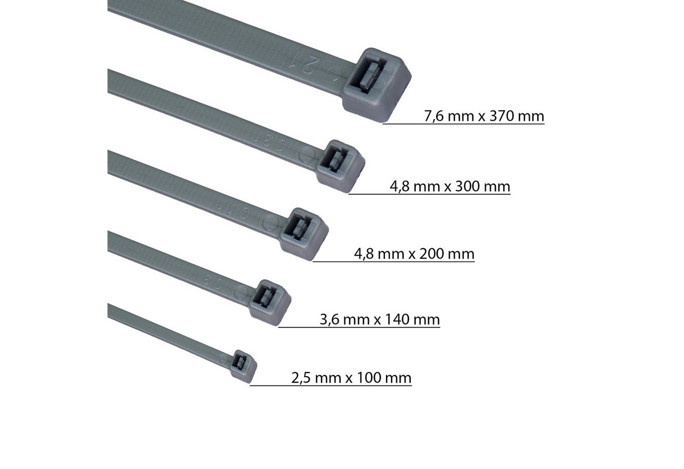 HORZEFIX Kabelbinder set grau lang uv beständig Universalbinder 2,5, 3,6, 4,8, 7,6 breit (Packung, 500-St., VPE= 5 x 100 Kabelbinder im Polybeutel) Temperaturbe – Bild 3 von 5