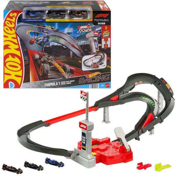 Hot Wheels Autorennbahn Racing Formel-1-Rennstrecke-Trackset, mit 3 Die-Cast-Spielzeugautos im Maßstab 1:64