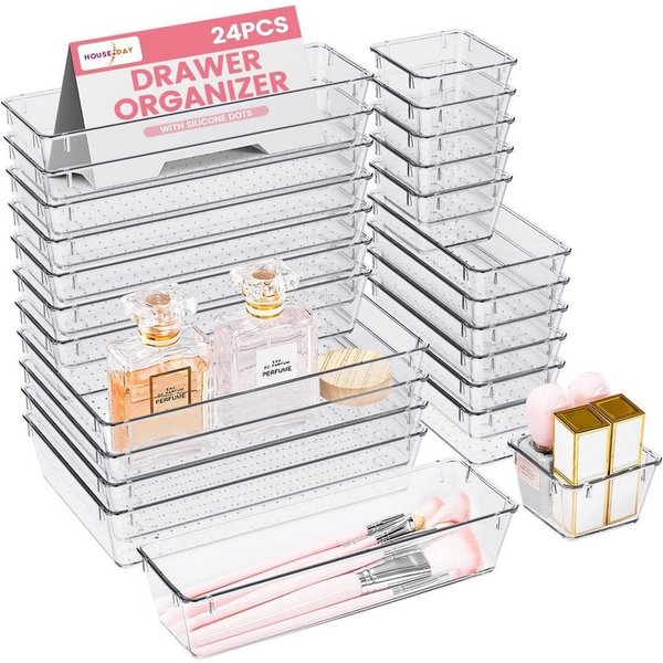 House Day Organizer Schubladen Organizer Set, 4 Größen, für Bad, Küche & Kosmetik (24 St), Schminktisch Organizer, Klar Kunststoff