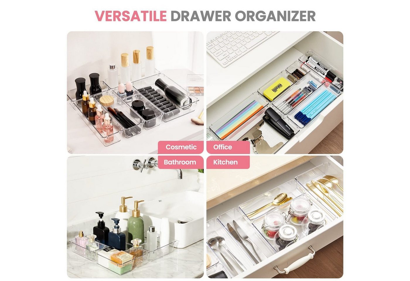 House Day Organizer Schubladen Organizer Set, 4 Größen, für Bad, Küche & Kosmetik (24 St), Schminktisch Organizer, Klar Kunststoff – Bild 3 von 5