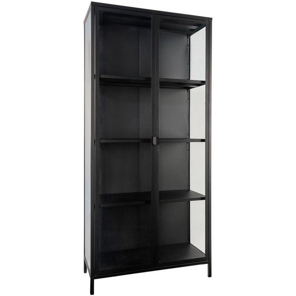 House Nordic Vitrine BRISBANE, Schwarz, Glas, Stahl, 2 Türen, 3 höhenverstellbare Einlegeböden, B 80 x H 175 x T 35 cm