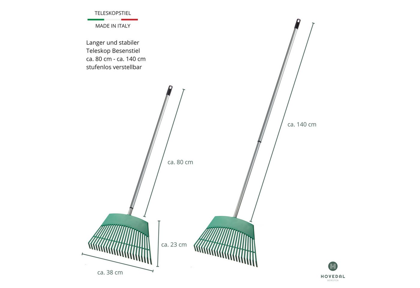 Hovedal Rechenbesen Rechen, Gartenrechen mit Stiel, Rasenrechen, Laubrechen, Laubbesen, Vielseitiger Garten Rechen, Laubharke für die Gartenarbeit – Bild 4 von 5