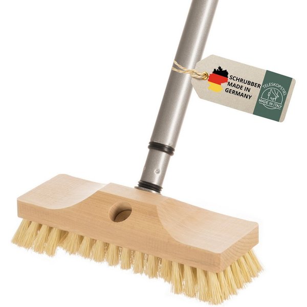 Hovedal Reinigungsbürste Schrubber mit Stiel, Teleskopstiel Schrupper aus Holz mit Naturborsten, Bodenbürste für Boden, Fliesen, Balkon, Terrasse, Garten, Außen