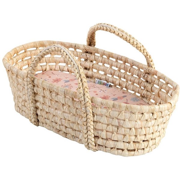 howa Puppen Tragetasche miniflowers, Puppentragekorb aus Seegras inkl. Matratze für Puppen bis 50 cm