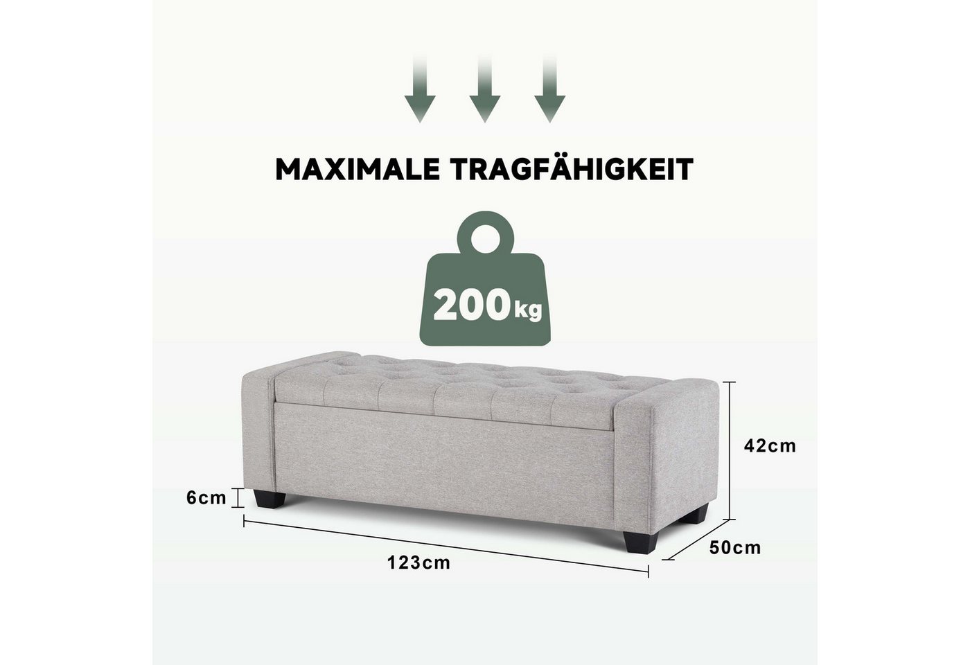 Howjoe Sitzbank Mit Stauraum, Belastbar Bis 200 Kg, Aufbewahrungsbox -123*50*42cm (1-St), Polsterter Sitzmöbel für Wohnzimmer, Schlafzimmer & Flur, 123x50x42cm – Bild 2 von 5