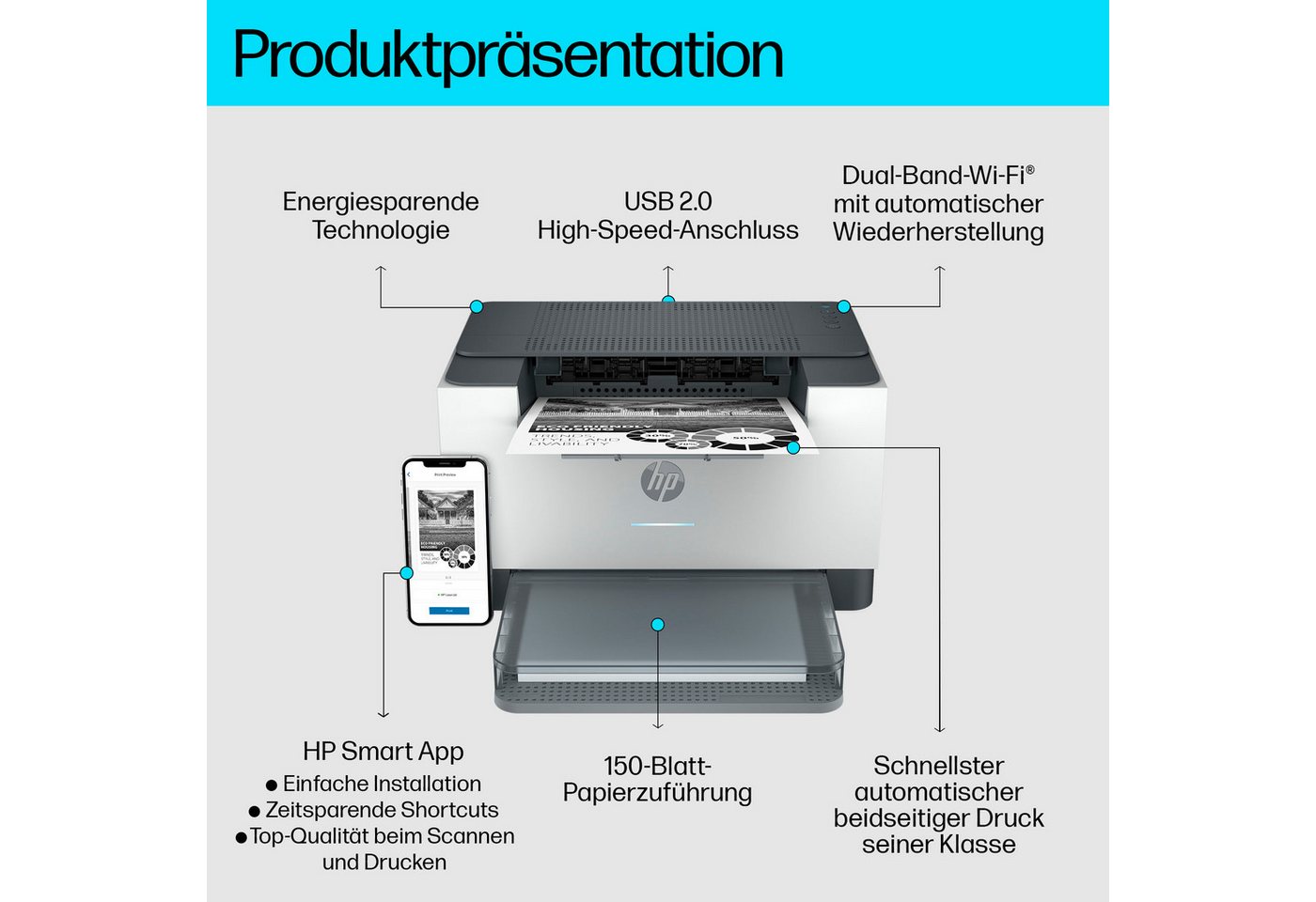 HP LaserJet M209dw Schwarz-Weiß Laserdrucker, (WLAN (Wi-Fi), Bluetooth, LAN (Ethernet), Wi-Fi Direct) – Bild 2 von 5