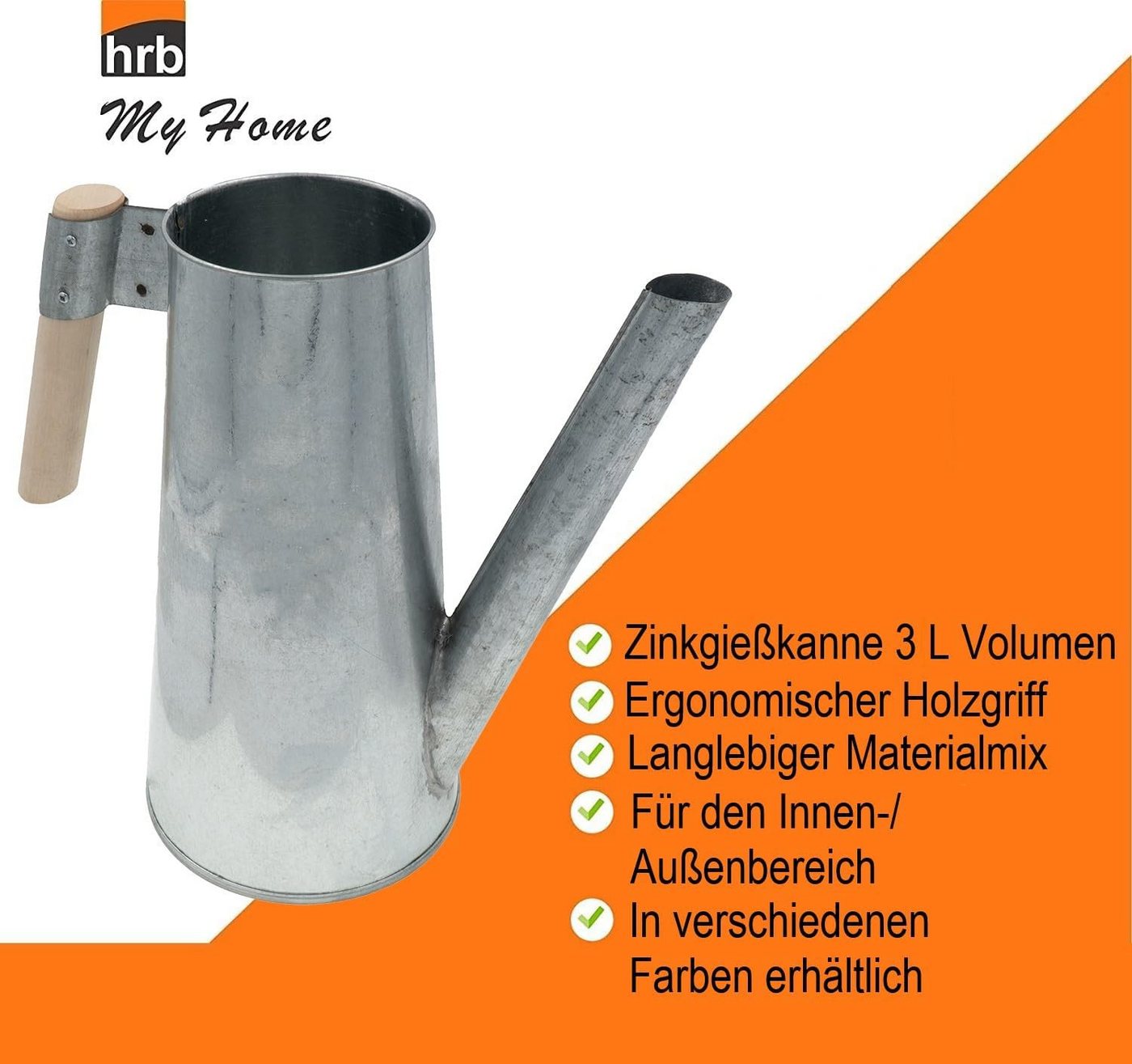 hrb Gießkanne Zinkgießkanne 3 L, feuerverzinkt,langlebige Metallgießkanne Kanne, ergonomischer Buchenholzgriff, verzinkter Metallstahl, lackiert – Bild 4 von 5