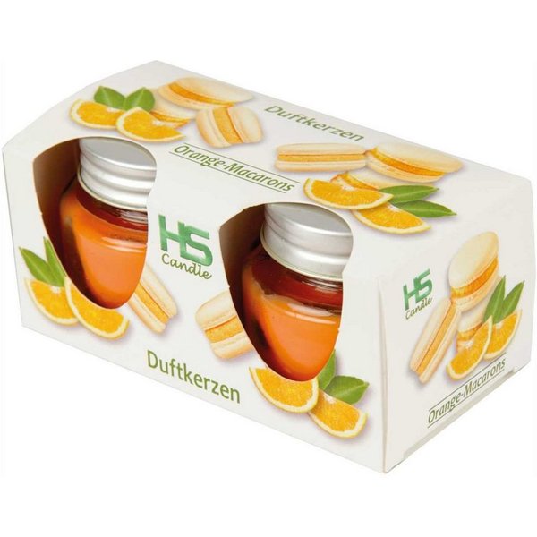 HS Candle Duftkerze mit Deckel, besondere Duftwelten (2-tlg), Macaron Orange, fruchtig, Ø5xH5 cm, bis zu 7h Brenndauer je Kerze