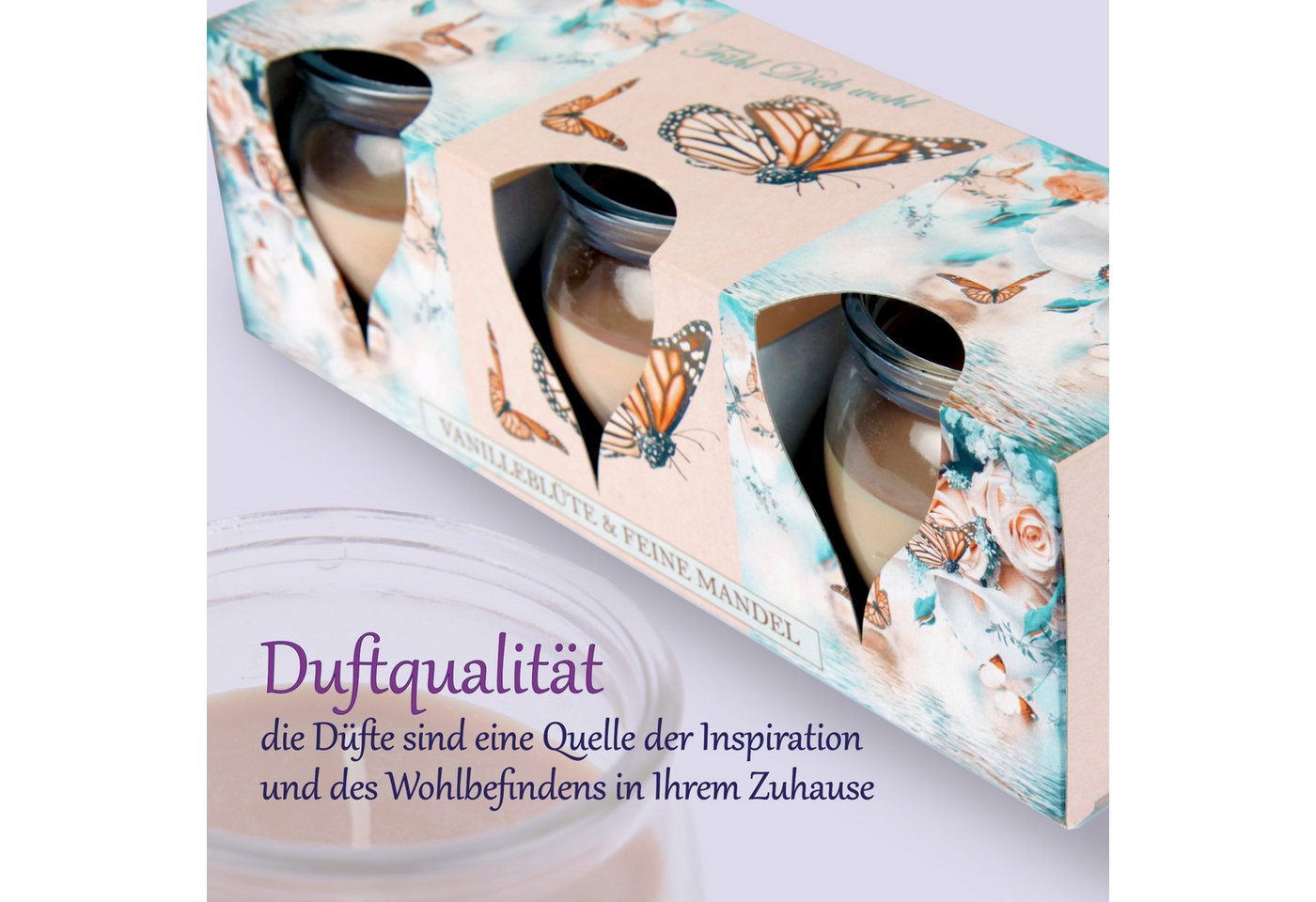 HS Candle Duftkerze Selection Duftmix im Glas (12-tlg), Butterfly, Duftnote Vanille & Mandel, Ø6x6cm, 18h, sanft & süß – Bild 4 von 5