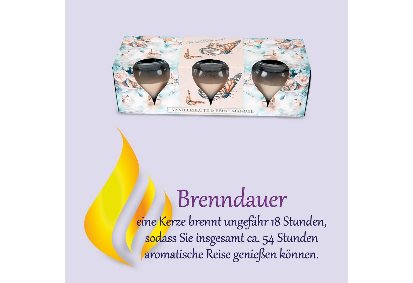 HS Candle Duftkerze Selection Duftmix im Glas (12-tlg), Butterfly, Duftnote Vanille & Mandel, Ø6x6cm, 18h, sanft & süß – Bild 5 von 5
