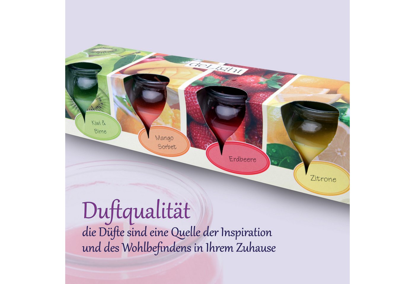 HS Candle Duftkerze Selection Duftmix im Glas (Set, 4-tlg), Fruit Selection, Duftnote fruchtig, Ø6x6cm, 18h, frisch & sommerlich – Bild 4 von 5