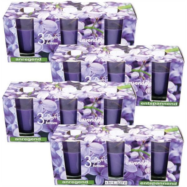 HS Candle Duftkerze Set im Glas (12-tlg), Lavendel, sanfte Duftnote, Ø4,5x6,5 cm, bis zu 12h Brenndauer je Kerze