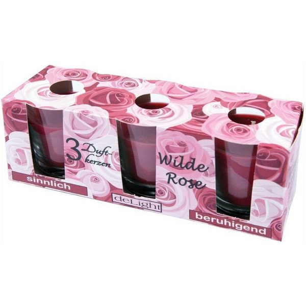 HS Candle Duftkerze Set im Glas (3-tlg), Wilde Rose, blumige Duftnote, Ø4,5x6,5 cm, bis zu 12h Brenndauer