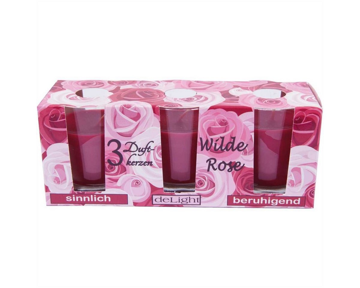 HS Candle Duftkerze Set im Glas (3-tlg), Wilde Rose, blumige Duftnote, Ø4,5x6,5 cm, bis zu 12h Brenndauer – Bild 2 von 3
