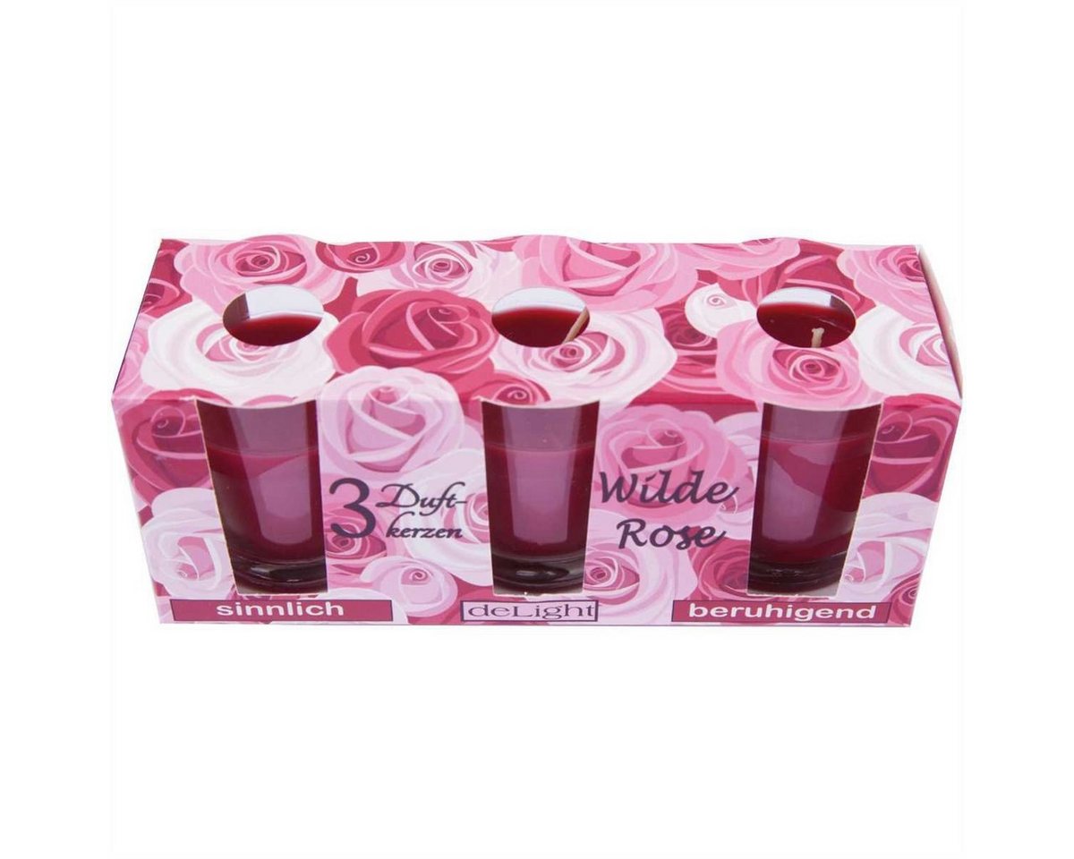 HS Candle Duftkerze Set im Glas (3-tlg), Wilde Rose, blumige Duftnote, Ø4,5x6,5 cm, bis zu 12h Brenndauer – Bild 3 von 3